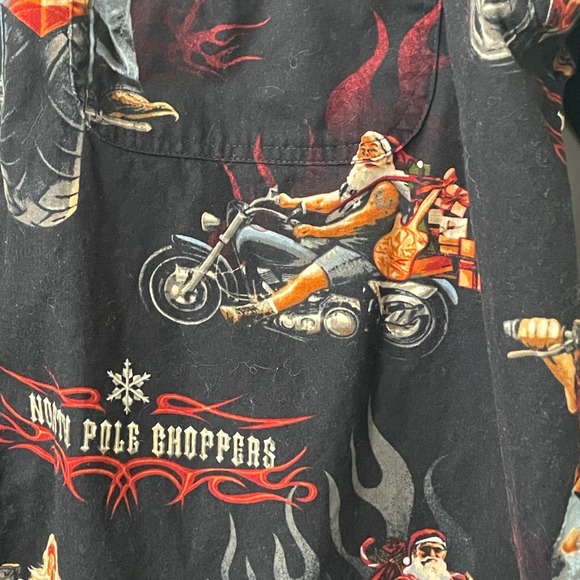 Mens Santa North Pole Choppers Motorcycle Graphic Button Up Shirt XL Long Sleeve - Picture 3 of 11